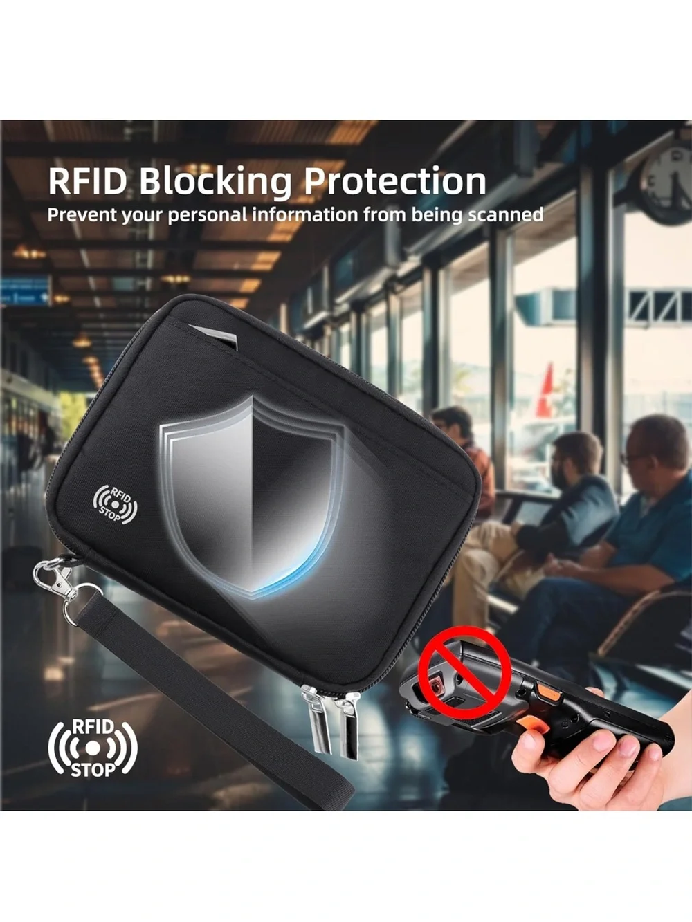 Black RFID-Blocking Wristlet Wallet with Detachable Strap